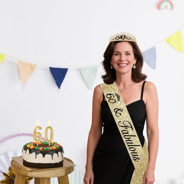 Detalle 2 de Amosking 60th Birthday Decorations Set: 60 sash, crown/tiara and gold number 60 candles