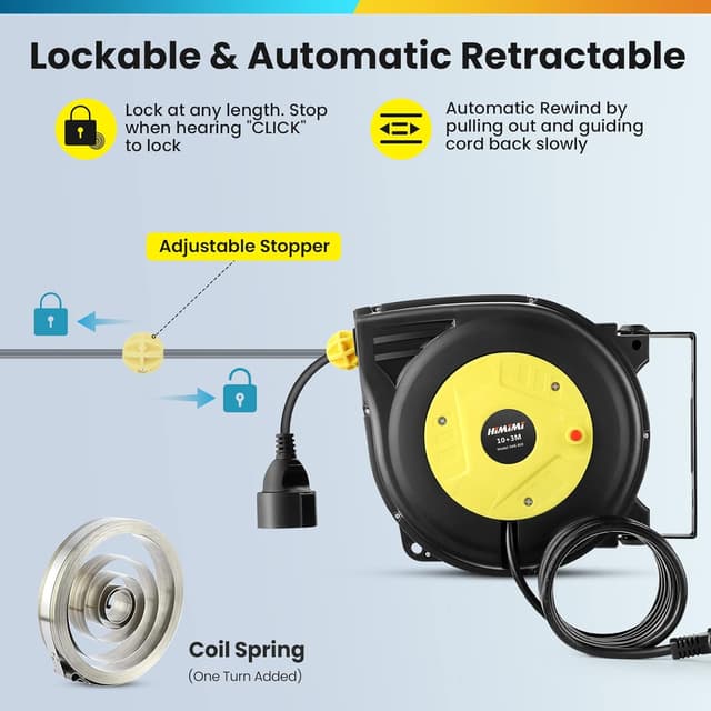 Detalle de Himimi automatische Kabeltrommel 13 m (10 m + 3 m), 1250 W–2000 W – Wand- und Deckenmontage, 180° drehbar