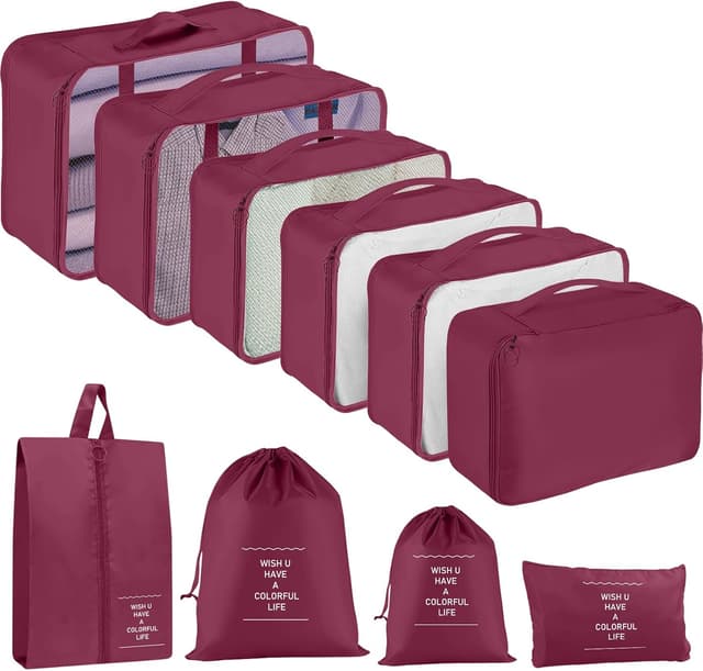 Detalle de TXBOBECO Koffer Organizer Set (10-teilig) – Packing Cubes und Packtaschen in Burgunderrot