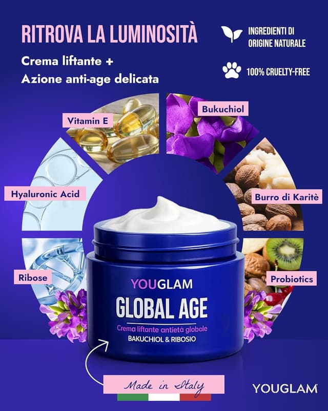 Detalle de YOUGLAM Global Age Crema Viso Antirughe Donna con bakuchiol, acido ialuronico e ribosio – 50 ml