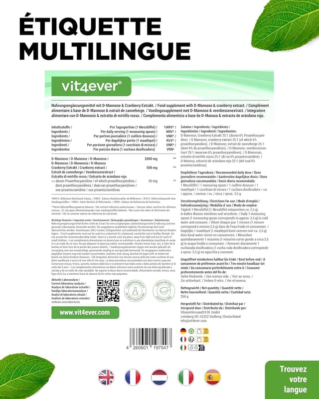 Detalle 2 de Poudre de D-mannose avec cranberry vit4ever – 250 g, à dissoudre dans l’eau