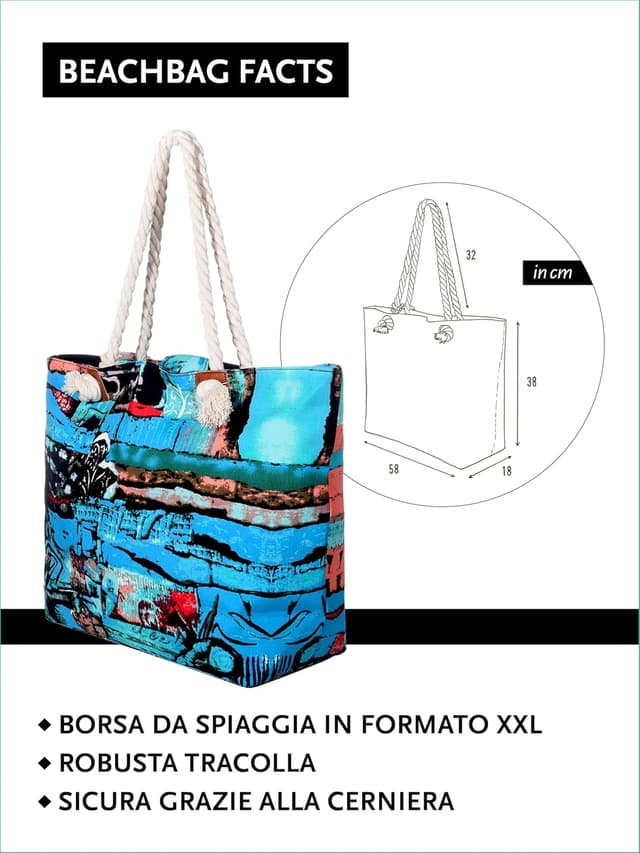 Detalle de DonDon Grande borsa da spiaggia idrorepellente con cerniera e tracolla (shopper XXL)
