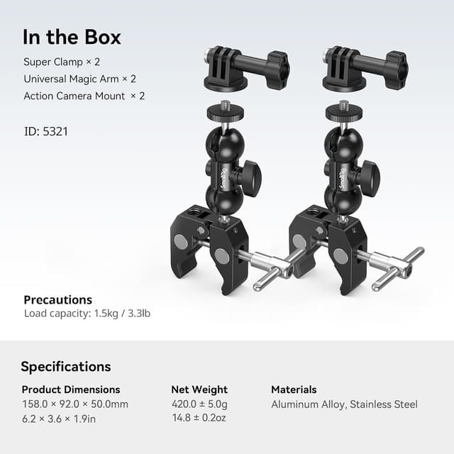 Thumbnail 6 de SMALLRIG Super Support 5321 – adaptateur à double rotule (lot de 2) pour fixation caméra et accessoires