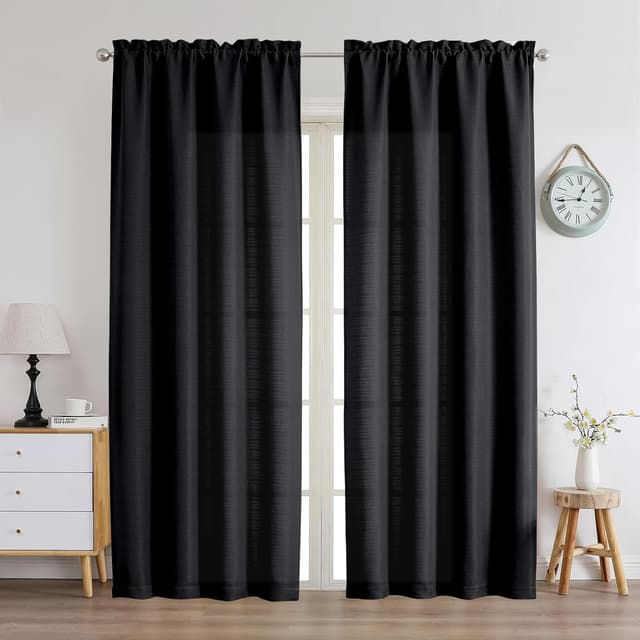 Detalle 2 de Chyhomenyc Black Faux Linen Light Filtering Curtains, 84 Inches Long (2 Panels)