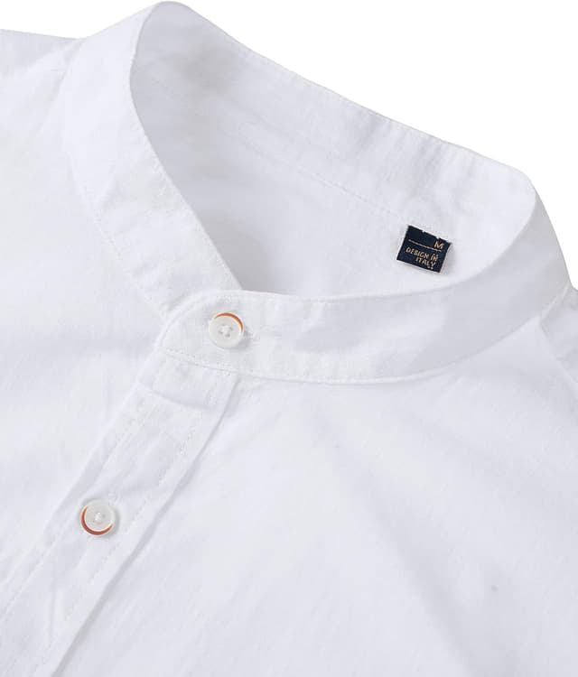 Detalle de siliteelon Men’s Grandad Collar Long Sleeve Linen Shirt with Pocket (Regular Fit)