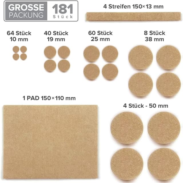 Detalle de X-Protector Filzgleiter selbstklebend 181 Stück (Beige) – Bodenschoner für Stühle und harte Böden