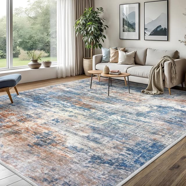 Detalle de IOHOUZE Abstract Area Rug, 8x10 Ft Washable Non-Slip Faux Wool Look (Blue/Rust/White)