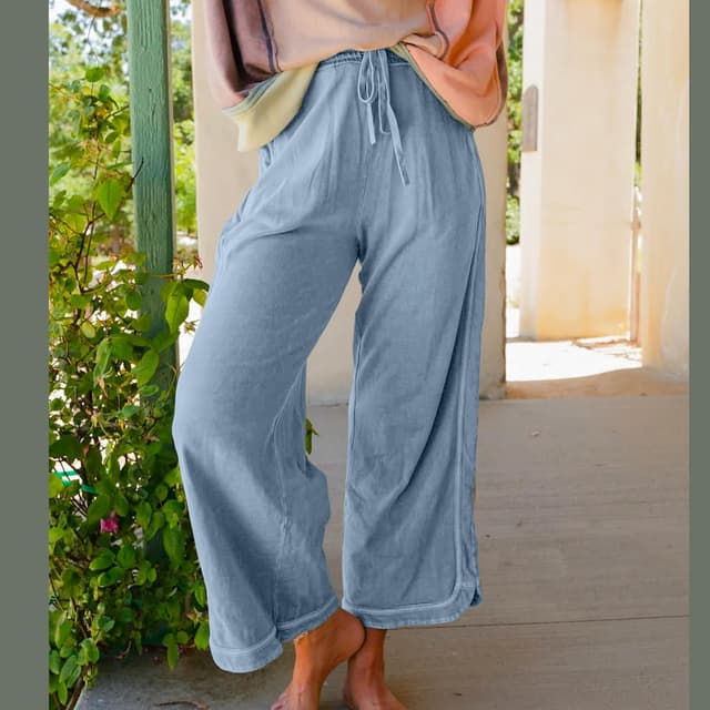 Detalle de Hixiaohe Women's Casual Wide Leg Sweatpants (High-Waist, Drawstring, Acid Wash) with Pockets