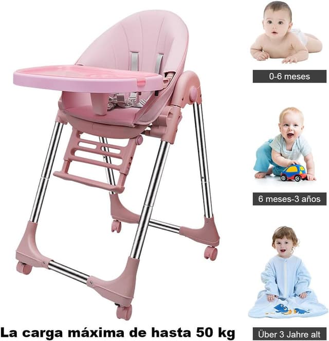 Detalle de OUNUO Chaise Haute Enfant évolutive pliable avec roues et réglages (rose)
