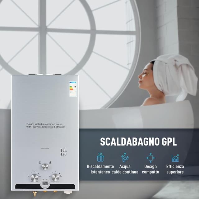 Detalle 2 de CO-Z Scaldabagno a gas GPL 10L da 17 kW a parete senza serbatoio con modalità Inverno/Estate e display LED