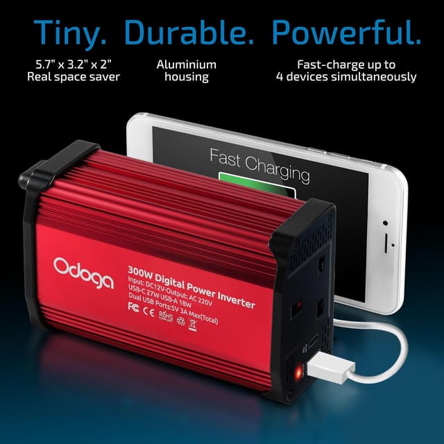 Detalle de Odoga 300W Car Power Inverter (12V to 240V) with USB-A & USB-C 3A Charging Ports