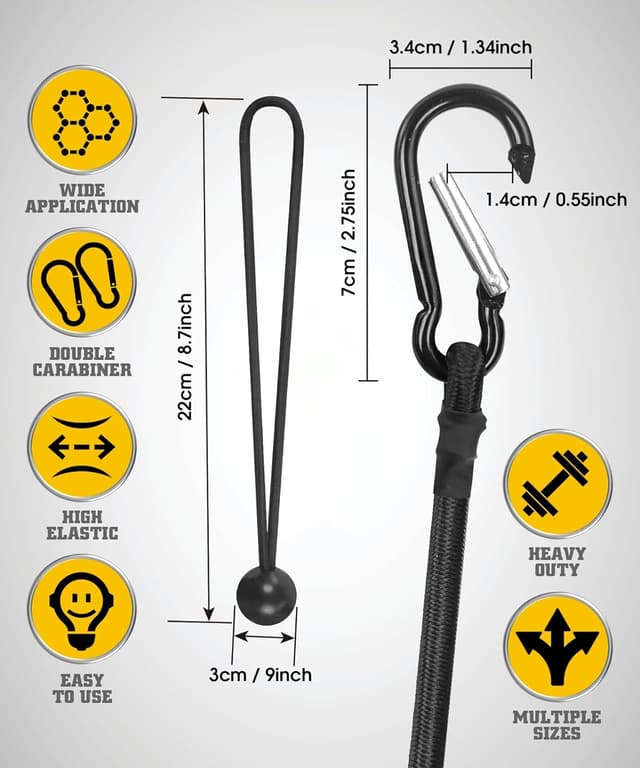 Detalle 2 de Bungee Cords with Hooks (30cm Elastic Tie Down Straps) with Carabiners – 4-pack, up to 35kg, black