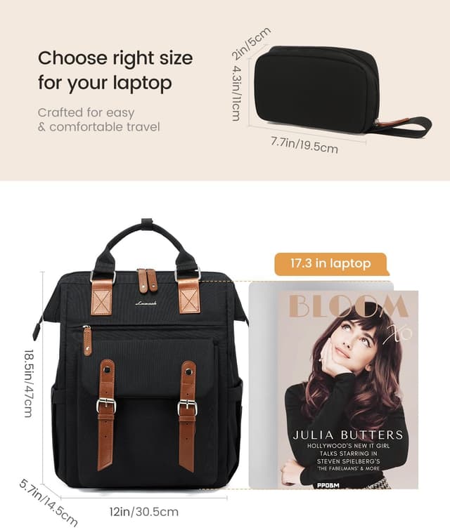 Detalle 1 de LOVEVOOK Women’s Laptop Backpack (up to 17 inch) with Electronics Organiser, water-resistant rucksack bag – Black Brown
