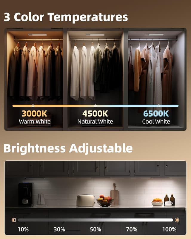 Detalle de EZVALO 4-Pack Rechargeable Motion Sensor Under Cabinet Lights (2400mAh, 3 Color Temps, Dimmable)