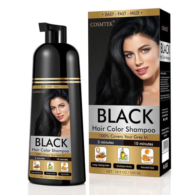 Detalle de COSMTEK Black Dye Shampoo (Ammonia-Free) for Permanent Hair Color & Gray Coverage, Men & Women, 3-in-1, 500ml