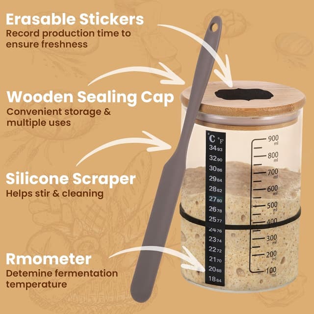 Detalle de MICHIHOMIE Sauerteig Starter Gärglas-Set mit 900 ml Glas, Thermometerpapier & Holzdeckel
