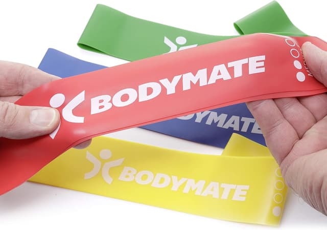 Detalle 2 de BODYMATE Lot de 4 bandes de résistance élastiques en latex naturel (avec pochette) – 60 cm x 5 cm