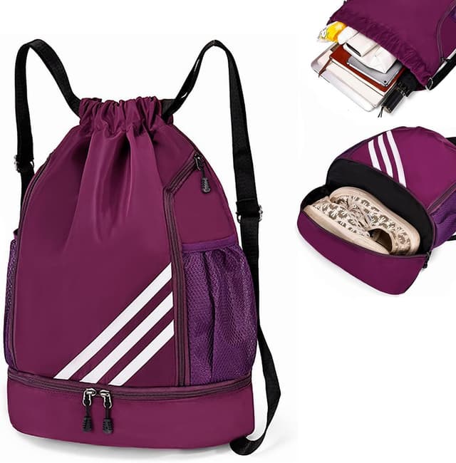 Detalle de Kids & Adults drawstring swimming bags – waterproof gym drawstring backpack with shoe compartment (Purple)