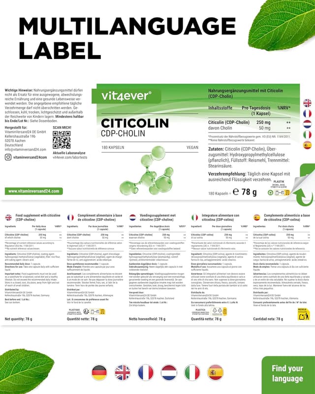 Detalle 2 de vit4ever CDP-Cholin (Citicolin) 250 mg – 180 Kapseln, vegan