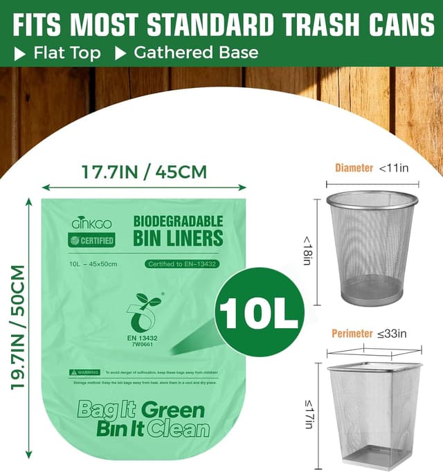 Detalle de Ginkgo 100 Pack Compostable Food Waste Bags, 10L Heavy Duty Kitchen Caddy Liners (plant-based, unscented)