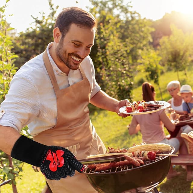 Detalle de Reinalin Guanti da barbecue resistenti al calore fino a 800°C (Rosso) per cucina e griglia