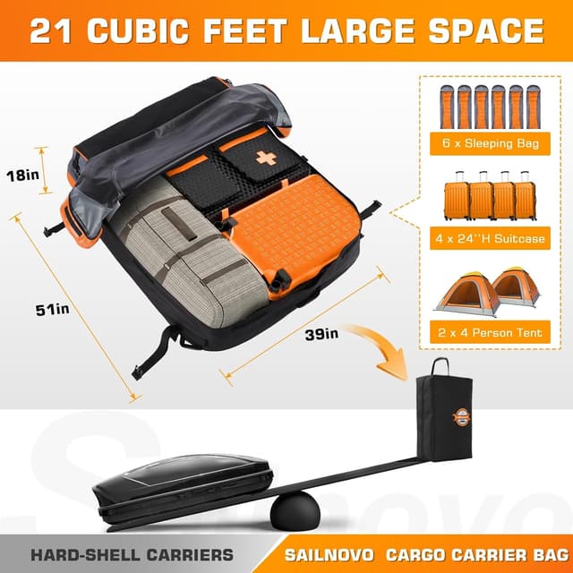 Detalle de Sailnovo Auto-Dachbox 21 Kubikfuß (598 l) faltbar, wasserdicht, 1000D Nylon – inkl. Anti-Rutsch-Matte & Gurte
