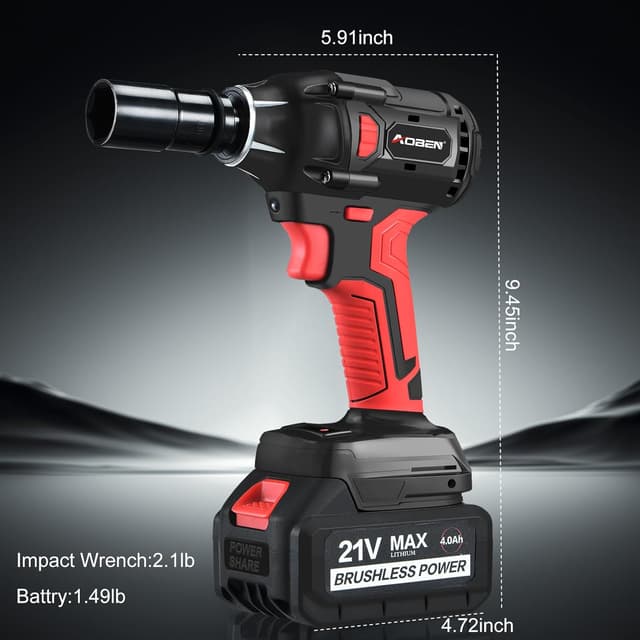 Detalle 2 de AOBEN 21V Cordless Impact Wrench (400 N.m Max Torque, 3000 RPM) with 4.0Ah Battery + 6 Socket Set
