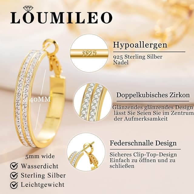 Detalle de LOUMILEO 5mm Creolen Silber 925 mit doppelter Zirkonia-Optik (Doppelreihig) für Damen