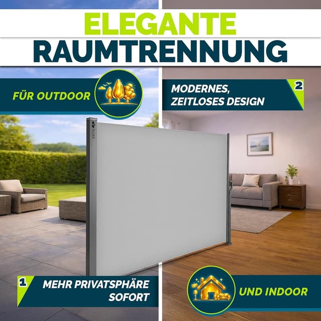Detalle de tillvex® Seitenmarkise 180 x 400 cm ausziehbar – blickdicht mit Regencover und Wandhalterung