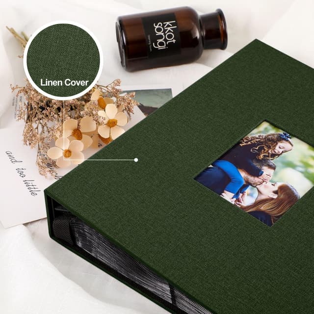 Detalle de Benjia 6x4 Slip-in Linen Photo Album with 400 Pockets (Portrait 10x15cm) – Green