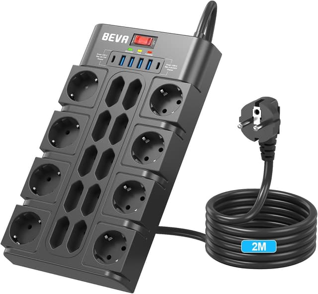 Detalle de BEVA 18-fach Steckdosenleiste 3680 W/16 A mit Überspannungsschutz (2100 J) und 2 USB-C + 4 USB-A, Schalter, 2 m Kabel