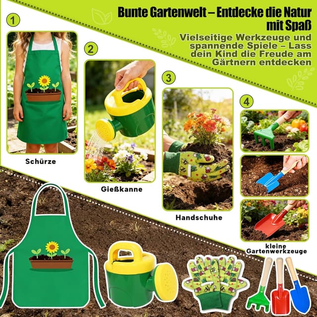 Detalle 2 de Kinder Gartenwerkzeug-Set (10-teilig) aus Metall mit Schaufel, Rechen, Gabel, Handschuhen, Schürze & Gießkanne