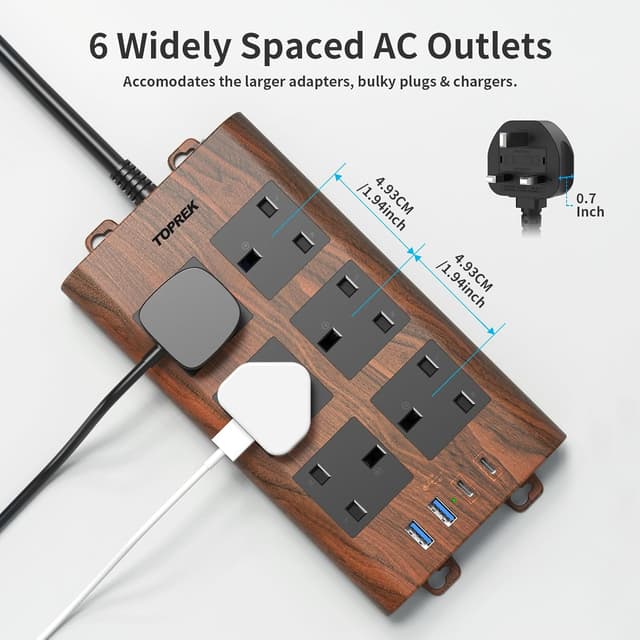 Detalle de TOPREK Wood Grain 6-Way Extension Lead with 2USB-C, 2USB-A & Surge Protection (2m, Brown)