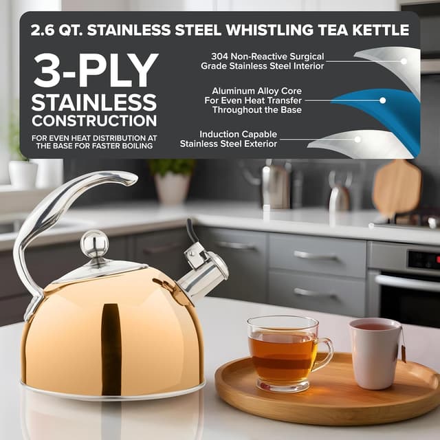 Detalle 2 de Viking 3-Ply Stainless Steel Tea Kettle (2.6 Quart) with Tempered Glass Lid, Rose Gold