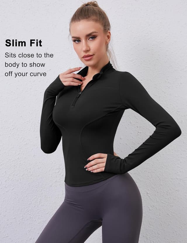 Detalle de Rapbin Women’s Long Sleeve Gym Top with 1/4 Zip and Thumb Holes