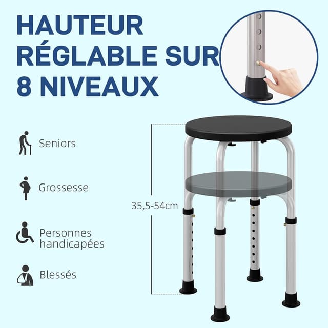 Detalle de HOMCOM tabouret de douche réglable en hauteur (8 positions) avec assise antidérapante et pieds antidérapants