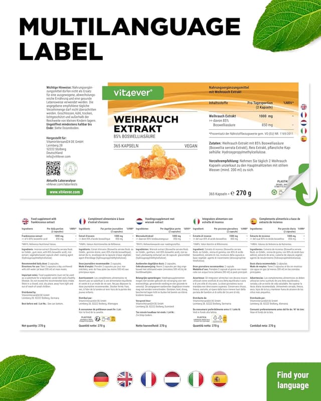 Thumbnail 6 de Vit4ever Weihrauch-Extrakt 365 Kapseln (Premium, 85% Boswellia-Säure) – vegan, laborgeprüft