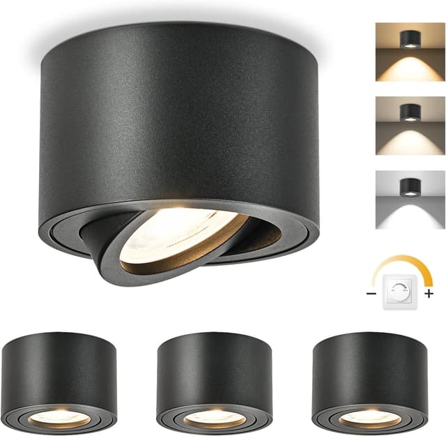 Detalle de GeyouLux LED Aufbauspots dimmbar extra flach, 30° schwenkbar (4er-Set) inkl. 5W LED-Modul, 3CCT 3000/4000/6500K, Schwarz