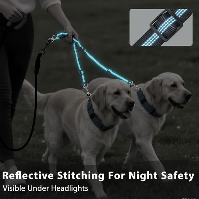 Detalle de Double Dog Lead for 2 Dogs (No Tangle) with 360° Swivel, Reflective & Shock-Absorbing Bungee Handle – Black