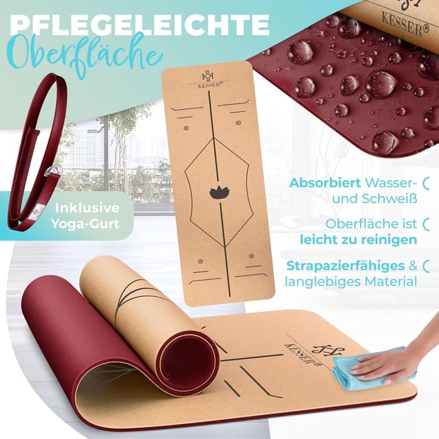 Detalle de KESSER® Yogamatte Kork inkl. Tragegurt, Tasche & Block – rutschfeste Trainingsmatte (183 x 62 cm)