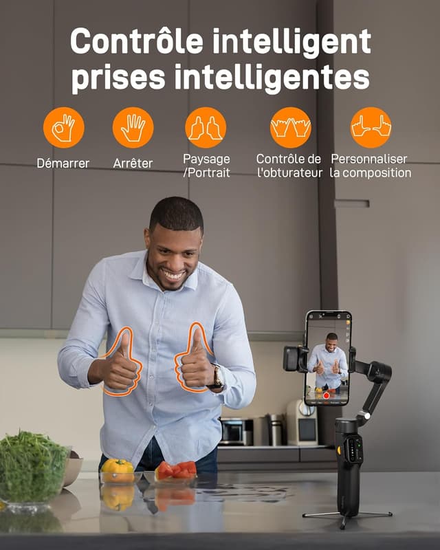 Detalle de Hohem iSteady V3 : stabilisateur smartphone 3 axes avec tracker AI magnétique et trépied intégré