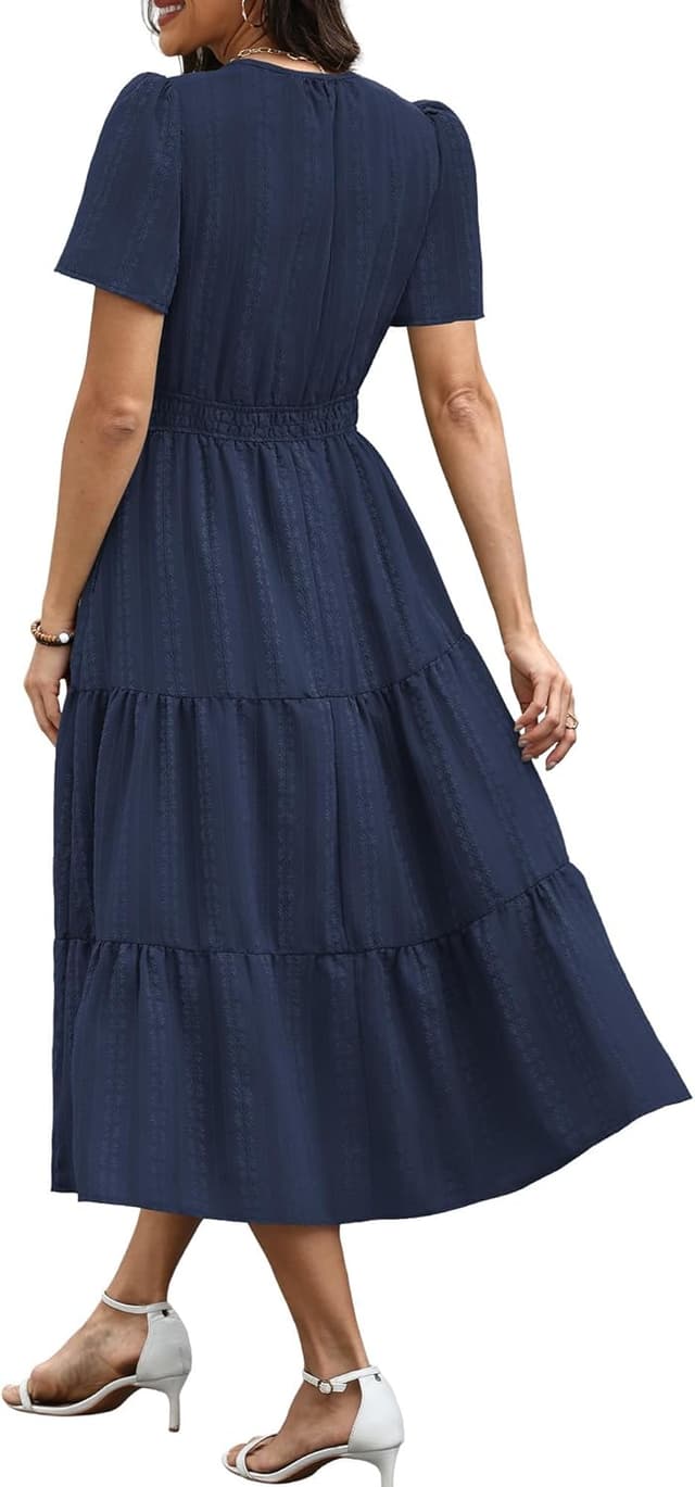 Detalle de RUMIA Women Casual Midi Maxi Dress with V-Neck, Elastic Waist & Pockets (S–2XL)