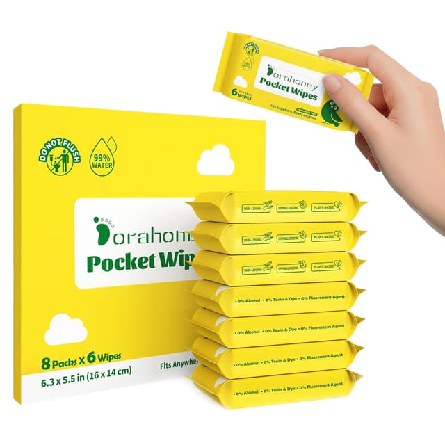 Detalle de Dorahoney Mini Reise-Feuchttücher für Babys & empfindliche Haut – unparfümiert, hypoallergen, Reisegröße (8er Pack mit 48 Tüchern)