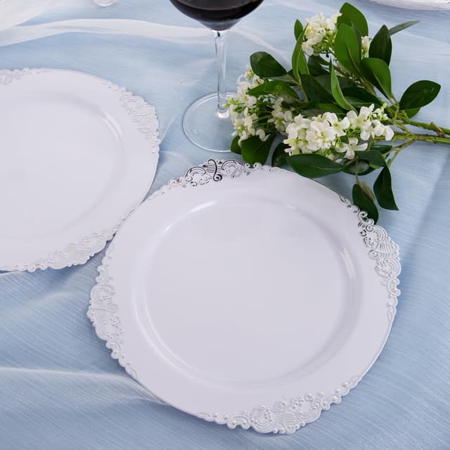 Thumbnail 6 de Hioasis 100pcs White Silver Plastic Plates (10.25in) — Disposable Heavy-Duty Dinner Plates for Thanksgiving and Holiday Gatherings