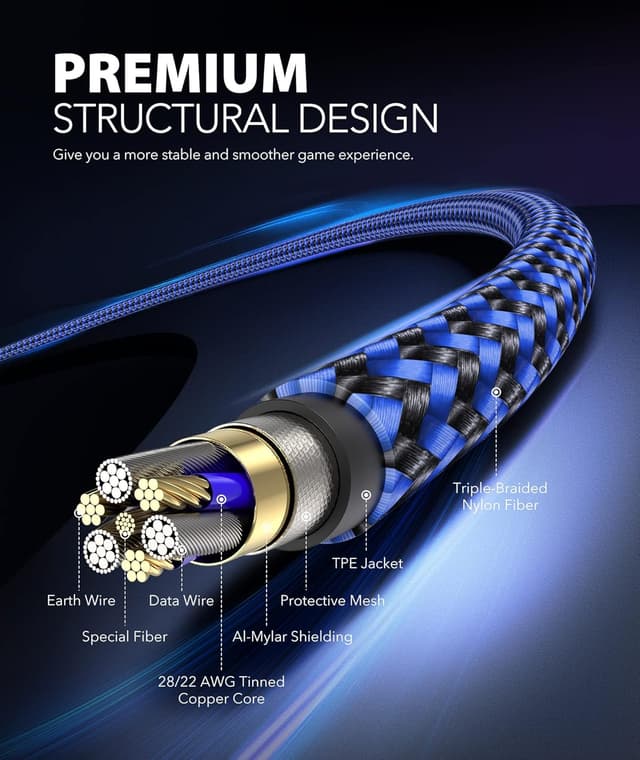 Detalle de 6amLifestyle PS4 3m Micro USB braided charging & sync cable, 2-pack for PS4 Slim/Pro and Xbox One controllers