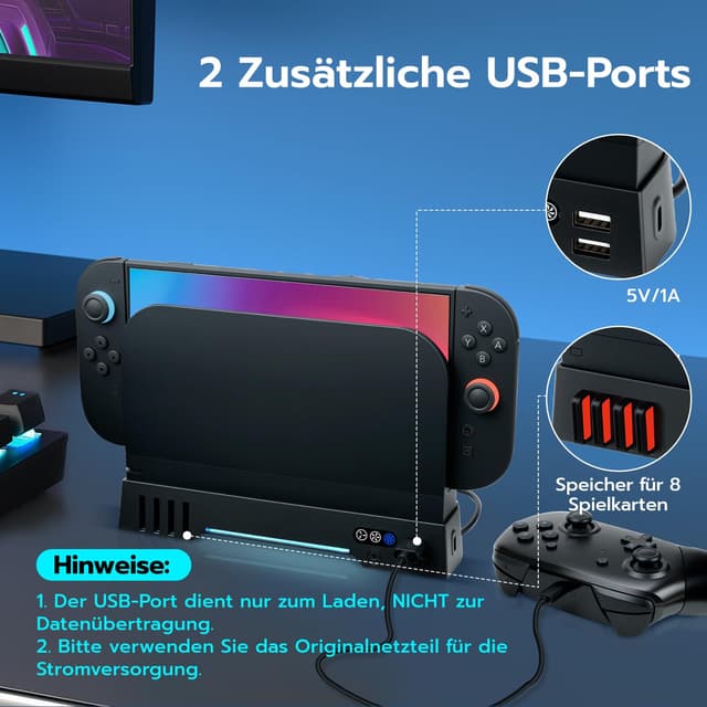 Detalle 2 de Mcbazel Switch 2 Dock Kühlventilator-Ständer mit RGB, 3-stufig & 8 Karten-Slots