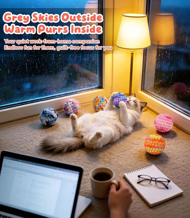 Detalle 2 de SYHZC Hand-Knitted Cat Toys (6 Pack) Quiet Cat Balls – 4.5cm Noiseless Interactive Toys with Gentle Bell