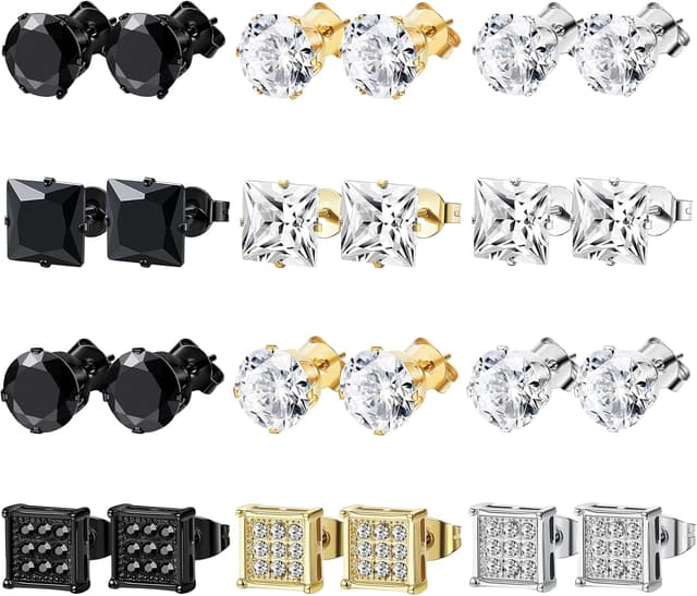 Detalle de BVLAGIDA – Lot de 12 paires de boucles d’oreilles pour homme en acier inoxydable (clous, noir/argent/or)