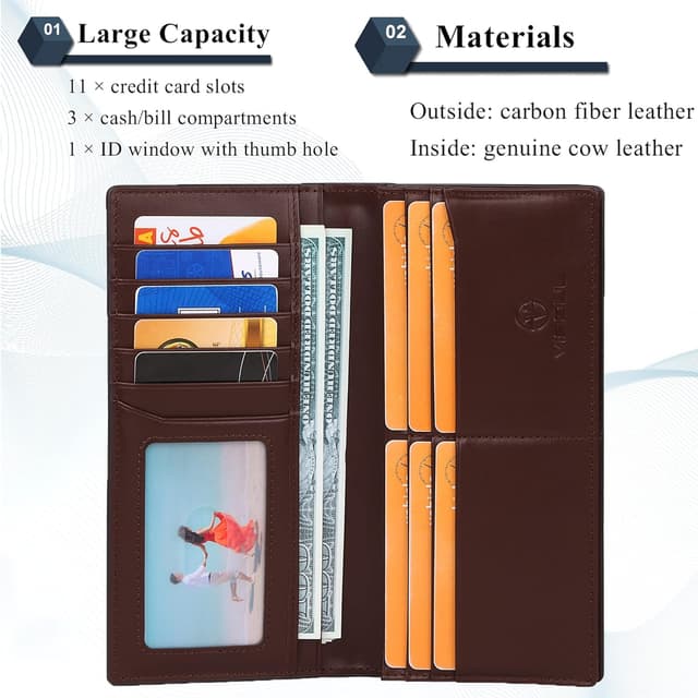 Detalle de VISOUL Portafoglio lungo in vera pelle da uomo con blocco RFID e 12 slot carte, marrone