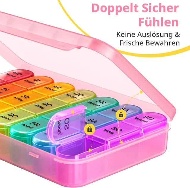 Detalle 2 de Doruimi Tablettenbox für 7 Tage mit 3 Fächern (Morgens/Mittags/Abends) – rosa, kompakt
